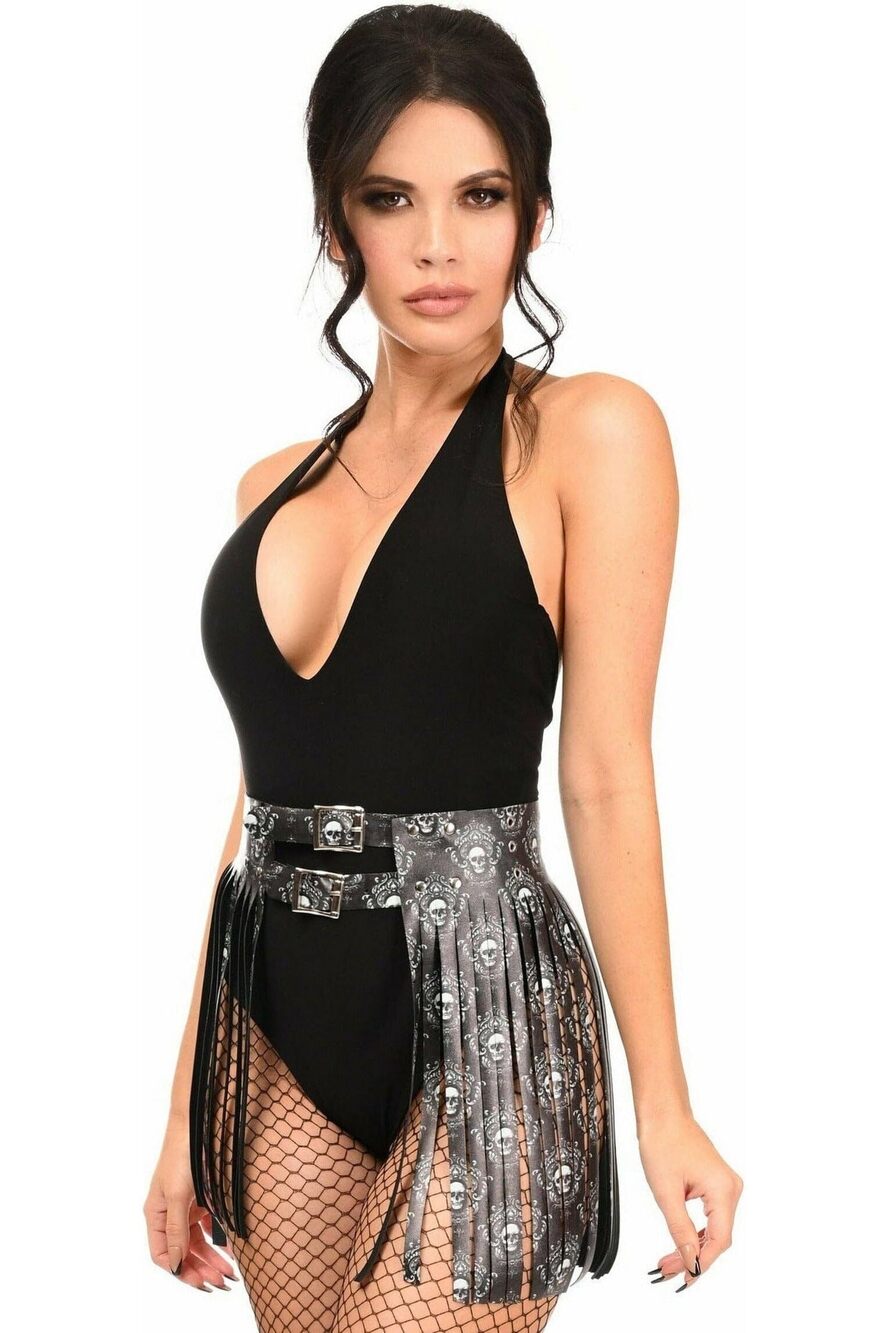 4523 Black & White Skull Faux Leather Fringe Skirt Large